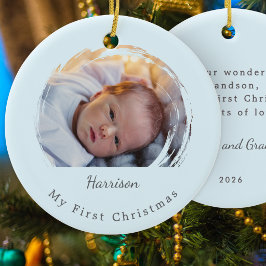 Adorno De Cerámica La primera Navidad del bebé Azul Elegante Recuerdo