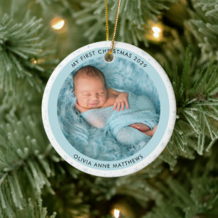 Adorno De Cerámica La primera Navidad del bebé con dos fotos de copo 