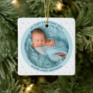 Adorno De Cerámica La primera Navidad del bebé con dos fotos en copo 