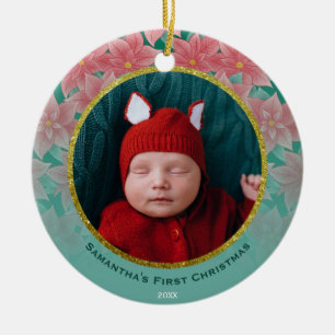 Adorno De Cerámica La primera Navidad del bebé de Poinsettia Roja y V