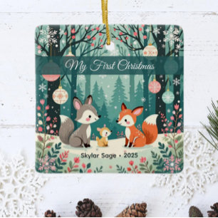 Adorno De Cerámica La primera Navidad del bebé del bosque de Woodland