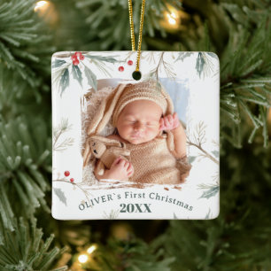 Adorno De Cerámica La primera Navidad del bebé Foto de acebo Follaje 