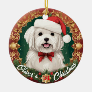 Adorno De Cerámica La primera Navidad del perro maltés