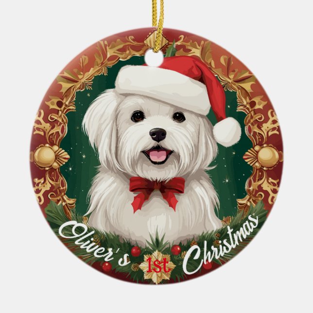 Adorno De Cerámica La primera Navidad del perro maltés (Frente)