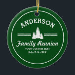 Adorno De Cerámica La reunión de familia retra o dispara árboles de<br><div class="desc">El diseño perfecto para su reunión de familia - características un logotipo blanco con 3 árboles de pino y su nombre. Personalice más lejos con 3 líneas de texto de encargo - añada la "reunión de familia, el viaje de la familia, la ubicación, la fecha, el cambio del etc. el...</div>