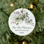 Adorno De Cerámica La vegetación acuarela brega nuestra primera Navid<br><div class="desc">Moderno y elegante color de agua verde Pareja Nuestro primer ornamento de Navidad incluye hermosas acuarelas,  vegetación botánica,  hojas de eucalipto,  bayas y otros hermosos follajes.</div>