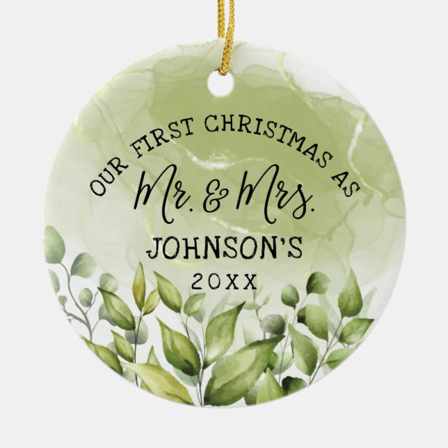 Adorno De Cerámica La vegetación deja la primera Navidad como Sr. y S (Frente)