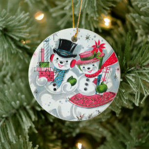 Adorno De Cerámica la vintage pareja de nieve de Navidad retro agrega