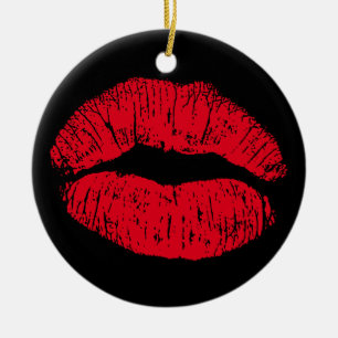 Adorno De Cerámica Labios rojos besando sobre negro