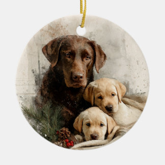 Adorno De Cerámica Labrador and Puppies Vintage Christmas