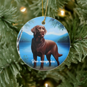 Adorno De Cerámica Labrador de chocolate y lago azul