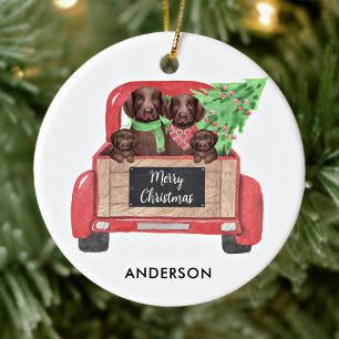 Adorno De Cerámica Labrador Dogs Puppy Vintage Red Christmas Truck