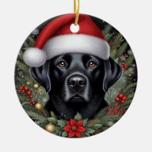 Adorno De Cerámica Labrador negro festivo con sombrero Santa