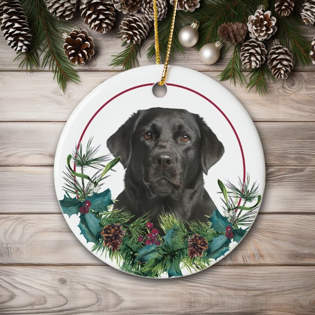 Adorno De Cerámica Labrador negro recuperador perro Wreath evergreen (Subido por el creador)