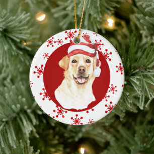 Adorno De Cerámica Labrador Recuperador Santa Hat Red Snowflake