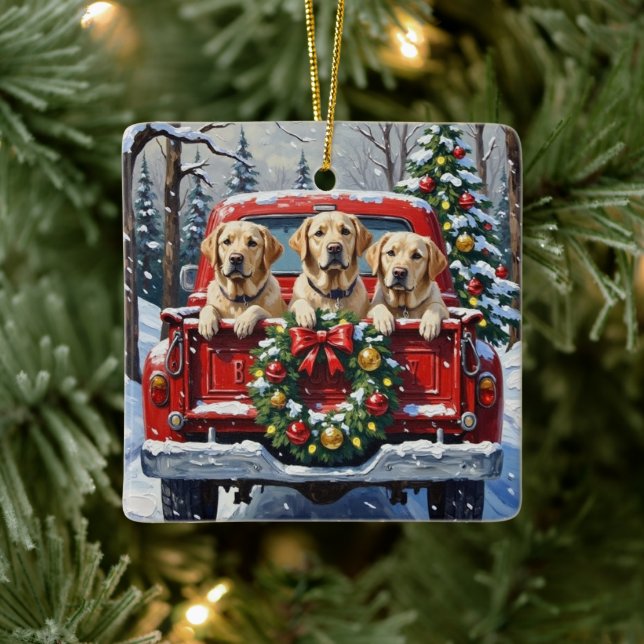 Adorno De Cerámica Labrador Retriever Christmas Red Truck Holiday (Árbol)