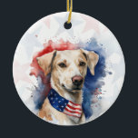 Adorno De Cerámica Labrador Retriever Dog, 4th of july Personalized<br><div class="desc">Celebrate your love for your furry friend and American pride with this personalized 4th of July dog ornament 🇺🇸🐾 The design features a watercolor dog wearing a stars-and-stripes hat on a soft red and blue stars background. Personalize the back with your dog’s name, a custom 4th of July greeting, and...</div>
