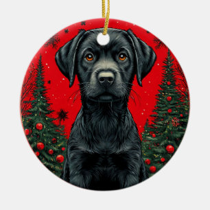 Adorno De Cerámica Labrador Retriever Negro de Navidad con Árboles Fe