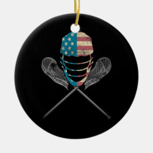 Adorno De Cerámica Lacrosse Bandera Americana Lax Casco Y Palo