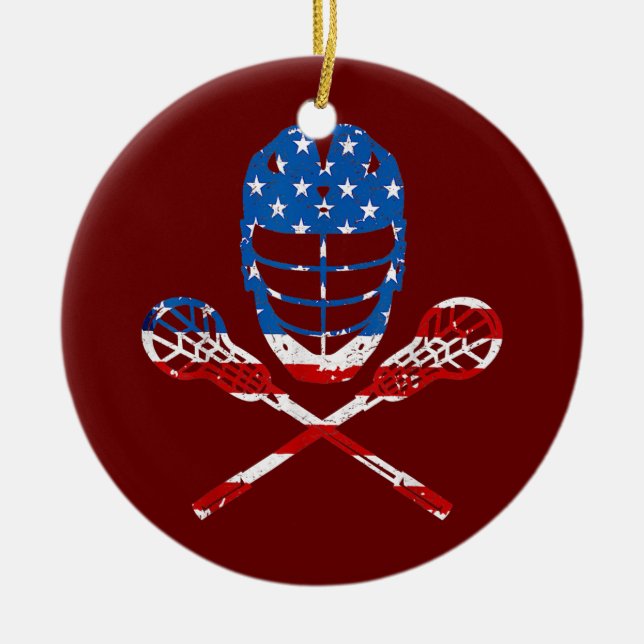 Adorno De Cerámica Lacrosse Bandera Estadounidense Lax Helmet Sticks  (Frente)