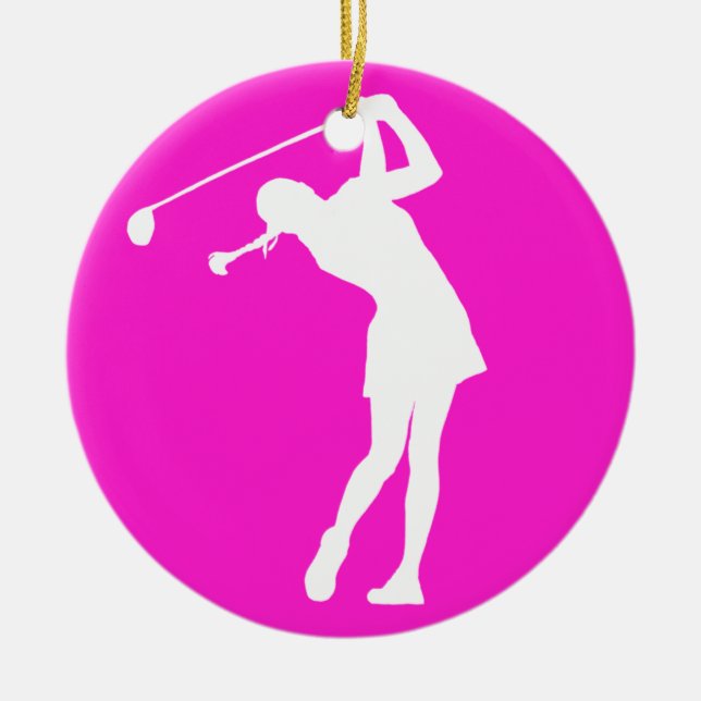 Adorno De Cerámica Lady Golfer Silhouette Ornament Pink (Frente)
