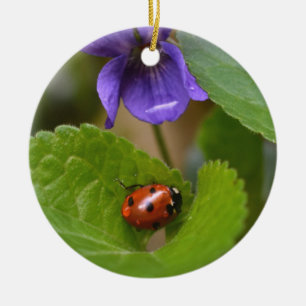 Adorno De Cerámica Ladybug sobre las dulces flores violetas
