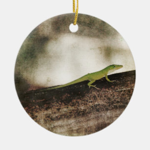 Adorno De Cerámica Lagarto verde de Cameleon del Gecko en rama de