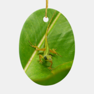 Adorno De Cerámica Lagarto verde en hoja verde