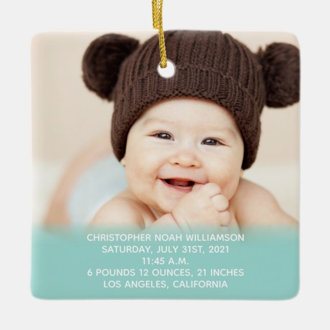 Adorno De Cerámica Las estadísticas del bebé verde azul primera foto  (Anverso)