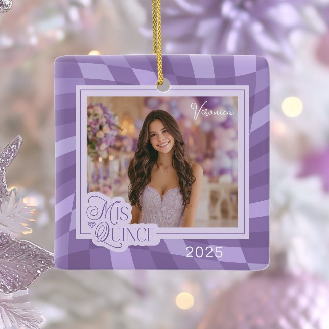 Adorno De Cerámica Lavender Checkerboard Foto Quinceanera Keepsake (Subido por el creador)