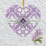 Adorno De Cerámica Lavender Lily Damask Wedento Momento<br><div class="desc">Un adorno de boda en forma de damasco floral de lavanda como recuerdo de tu día especial con una cinta de plata y representación gráfica de una joya amatista. Personalice la cita con su boda,  junto con el nombre de Groom y Bride.</div>
