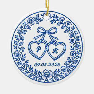 Adorno De Cerámica Lazo Azul Bodas Iniciales & Fecha