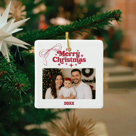Adorno De Cerámica Lazo de foto de Navidad doodle rojo