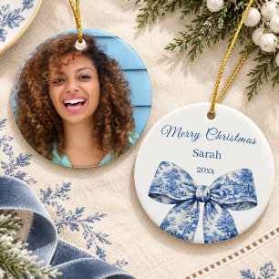 Adorno De Cerámica Lazo de Navidad azul blanco toile francés foto