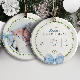 Adorno De Cerámica Lazos Azules Elegantes El Primer Navidad del Bebé 