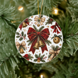 Adorno De Cerámica Lazos de Navidad Vintage y Campanas Doradas Fiesta