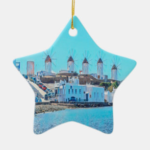 Adorno De Cerámica ldp MYKONOS - vista desde el mar de los molinos de
