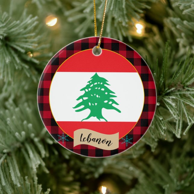 Adorno De Cerámica Lebanon, Red buffalo plaid & Lebanese Flag (Árbol)