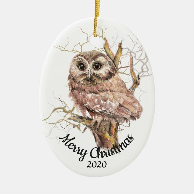 Adorno De Cerámica Lechuza acuarela de Navidades con fecha personaliz (Frente)