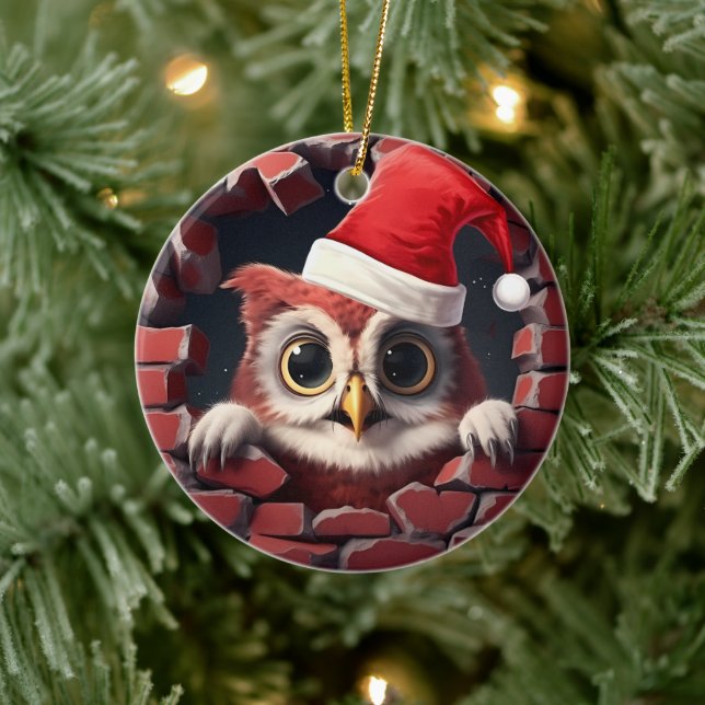 Adorno De Cerámica Lechuza Bebé en Sombrero Santa - 3D (Árbol)