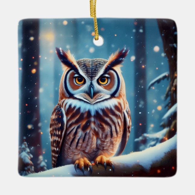 Adorno De Cerámica Lechuza Cubierta De Nieve En Bosque Cubierto De Ni (Anverso)