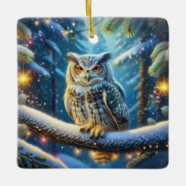 Adorno De Cerámica Lechuza Cubierta De Nieve En Bosque Cubierto De Ni