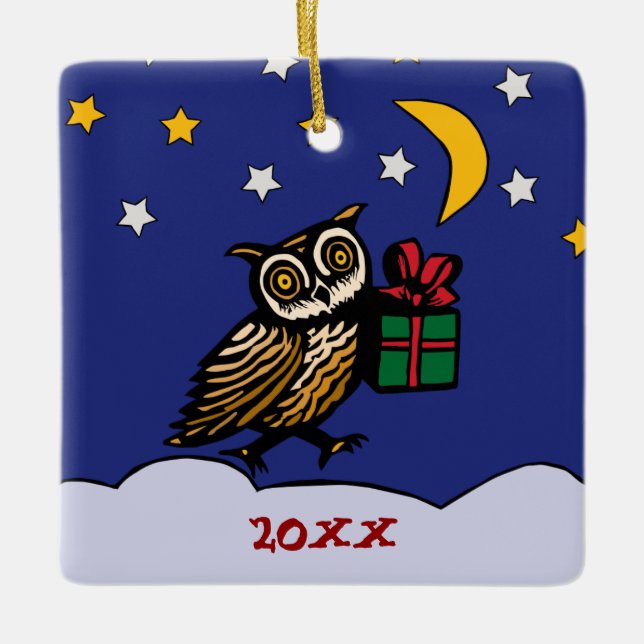 Adorno De Cerámica Lechuza Woodcut con un regalo de vacaciones de inv (Anverso)