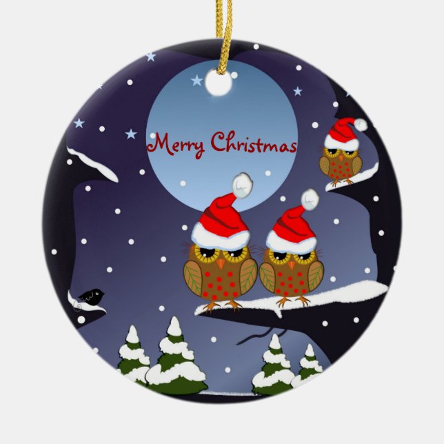 Adorno De Cerámica Lechuzas de Santa Hats en un mundo nevado y texto  (Frente)