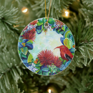 Adorno De Cerámica Lehua Mele Kalikimaka, ave hawaiana Wreath Iiwi