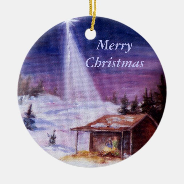 Adorno De Cerámica Lejos en un pesebre, Felices Navidad (Frente)