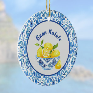 Adorno De Cerámica Lemon Mediterráneo Buon Natale Azulejo Azul Toile