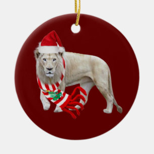 Adorno De Cerámica León blanco con Navidades Gorras Scaft