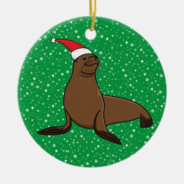 Adorno De Cerámica León marino blanco en Navidades de Santa Hat (Frente)