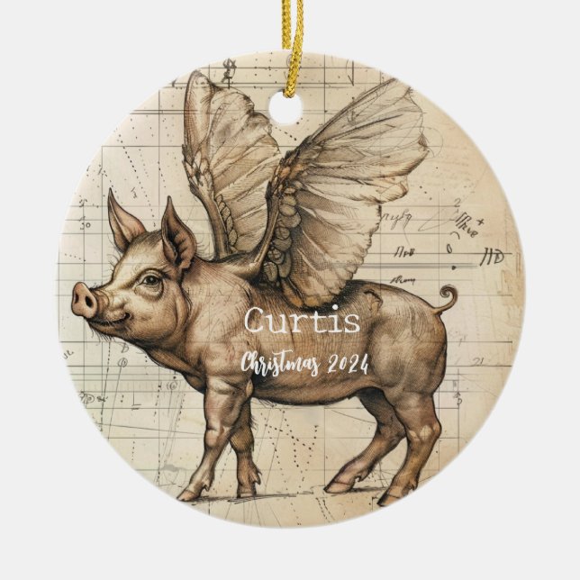 Adorno De Cerámica Leonardo Sketchbook Flying Pig OrnamePersonalizado (Frente)